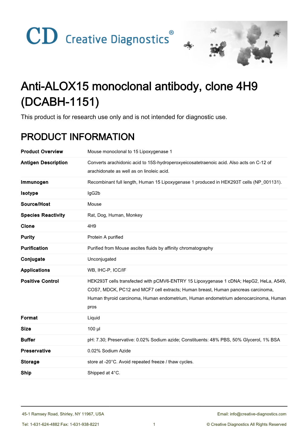 Anti-ALOX15 Monoclonal Antibody, Clone 4H9 (DCABH-1151) This Product Is for Research Use Only and Is Not Intended for Diagnostic Use