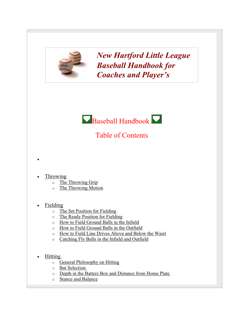 New Hartford Little League Baseball Handbook for Coaches and Player's