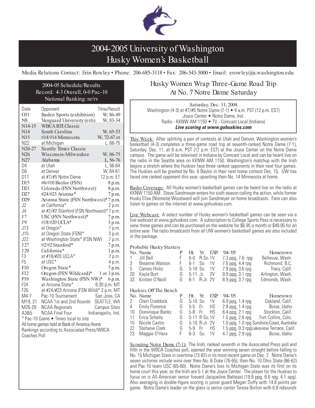 2004-2005 University of Washington Husky Women's Basketball