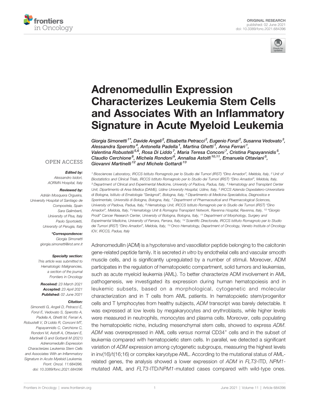 Adrenomedullin Expression Characterizes Leukemia Stem Cells and Associates with an Inﬂammatory Signature in Acute Myeloid Leukemia