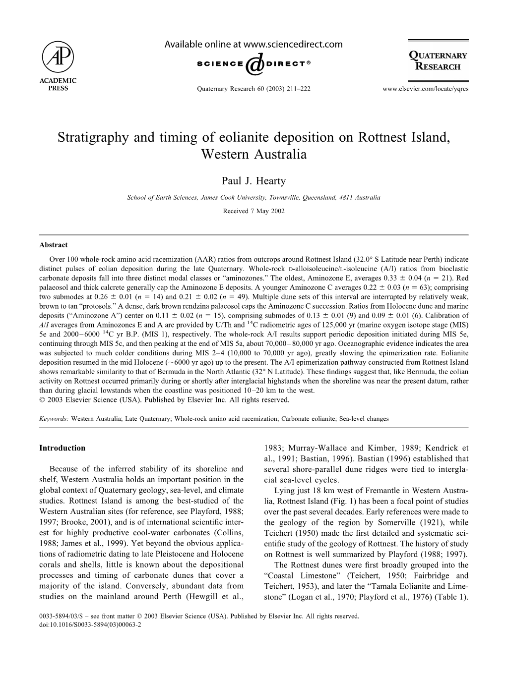 Stratigraphy and Timing of Eolianite Deposition on Rottnest Island, Western Australia