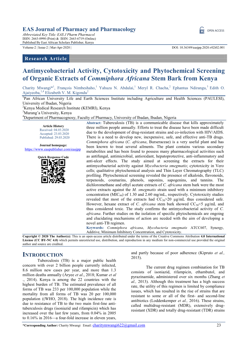 Antimycobacterial Activity, Cytotoxicity and Phytochemical Screening of Organic Extracts of Commiphora Africana Stem Bark from Kenya