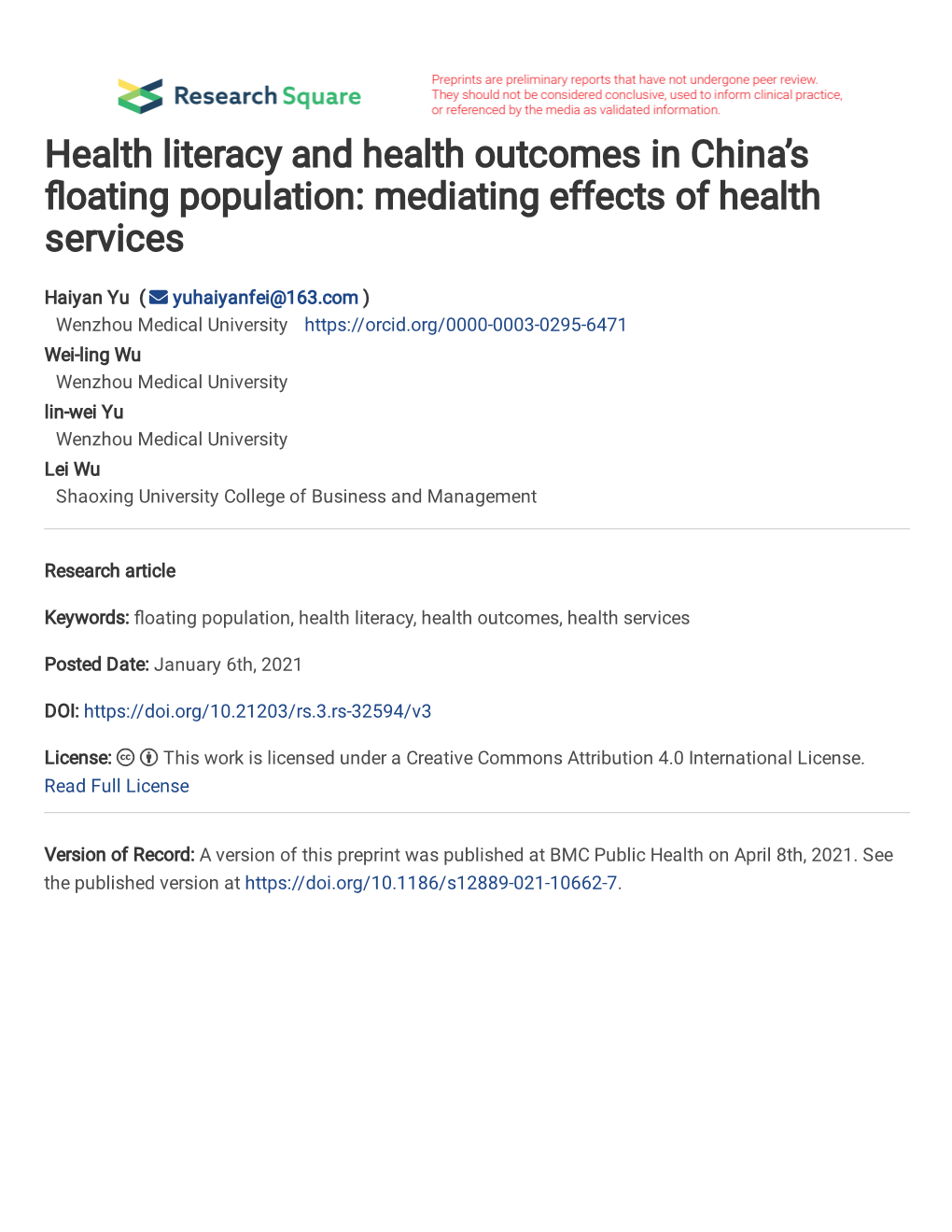 Health Literacy and Health Outcomes in China's Floating