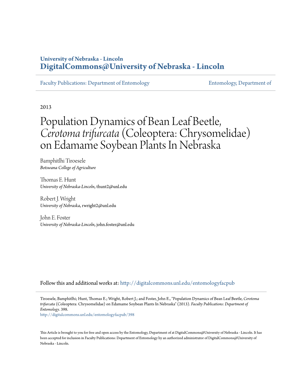 Population Dynamics of Bean Leaf Beetle, <I>Cerotoma Trifurcata</I>