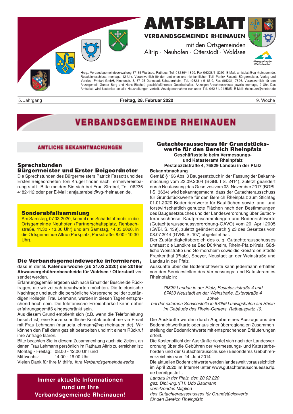 Amtsblatt Verbandsgemeinde Rheinauen Mit Den Ortsgemeinden Wir Unterstützen Die Altrip · Neuhofen · Otterstadt · Waldsee