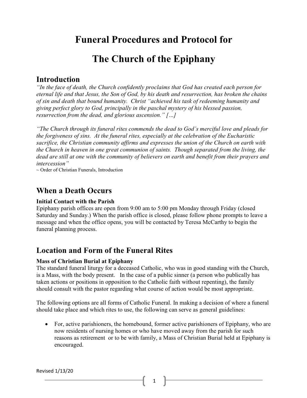 Funeral Procedures and Protocol for the Church of the Epiphany