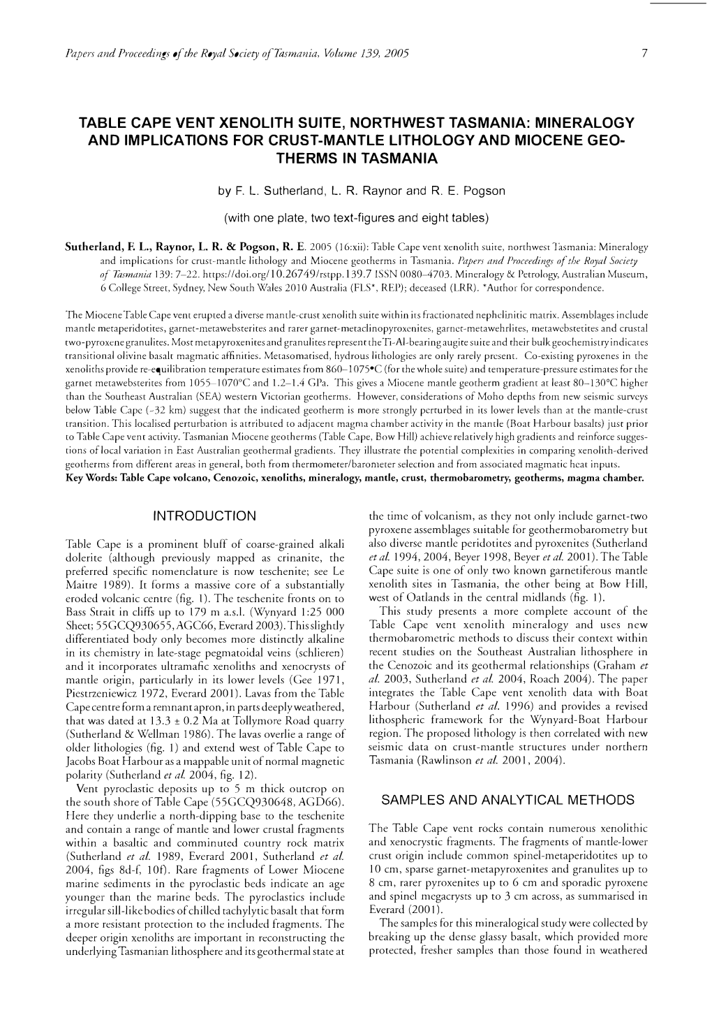 Table Cape Vent Xenolith Suite, Northwest Tasmania: Mineralogy and Implications for Crust-Mantle Lithology and Miocene Geo­ Therms in Tasmania