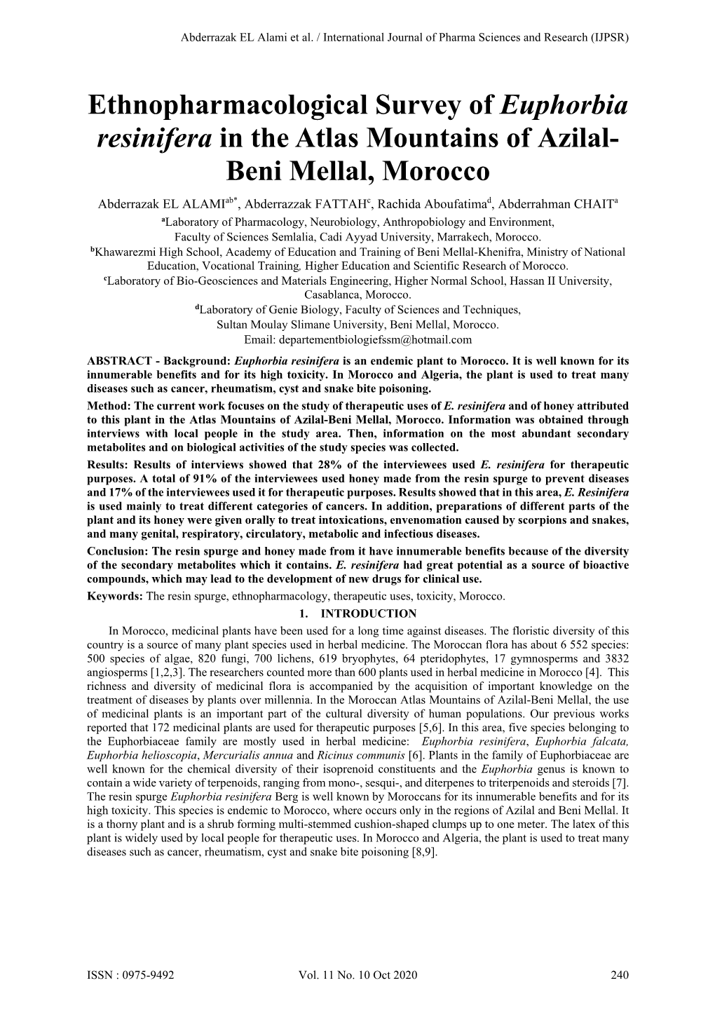 Ethnopharmacological Survey of Euphorbia Resinifera in the Atlas