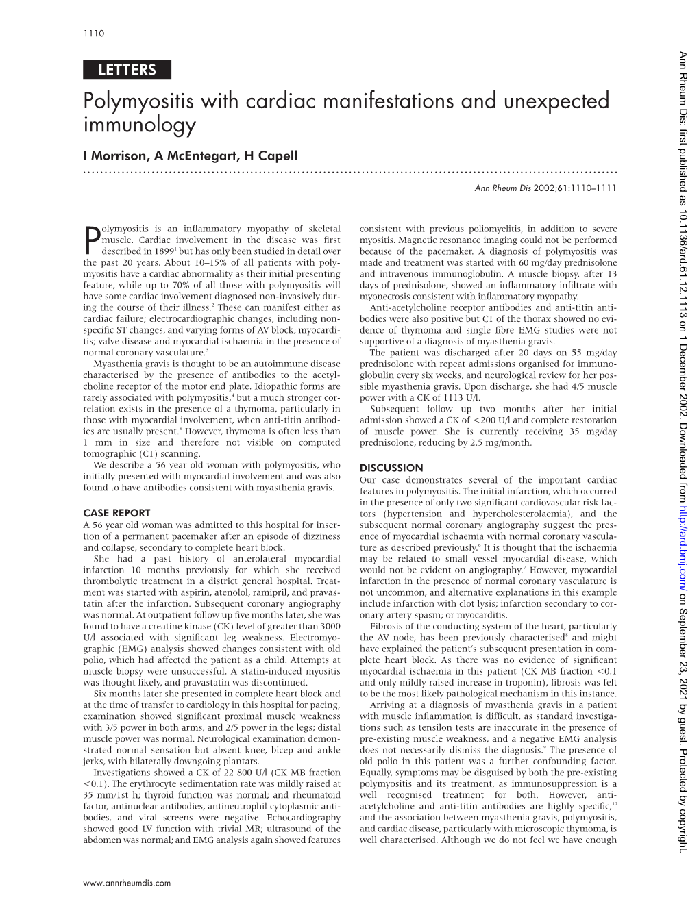 Polymyositis with Cardiac Manifestations and Unexpected Immunology I Morrison, a Mcentegart, H Capell