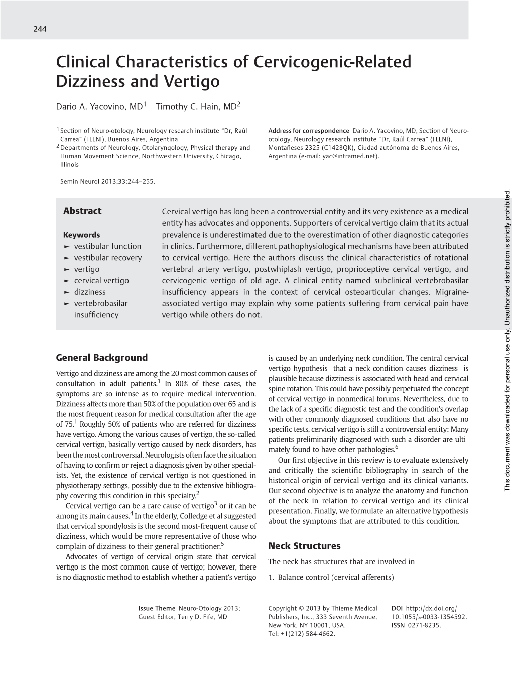 Clinical Characteristics of Cervicogenic-Related Dizziness and Vertigo