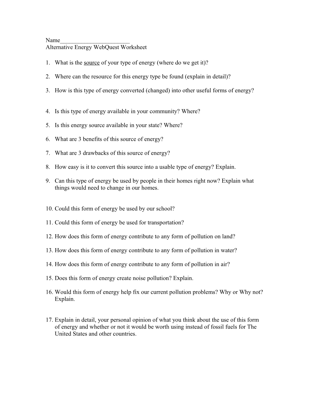 Alternative Energy Webquest Worksheet