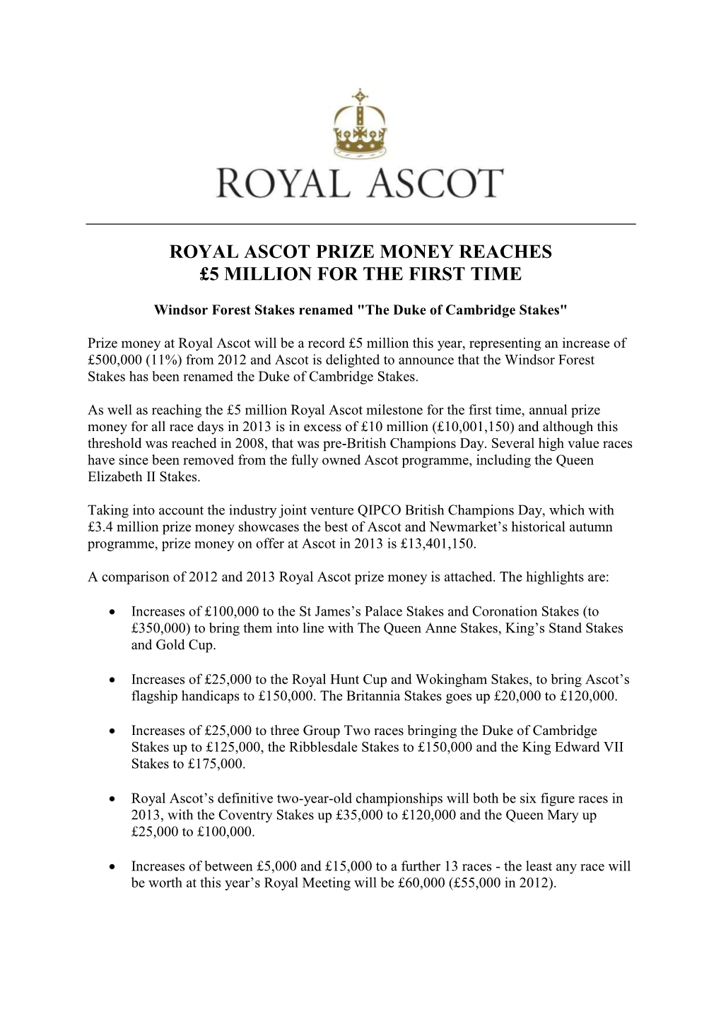 Royal Ascot Prize Money Reaches £5 Million for the First Time