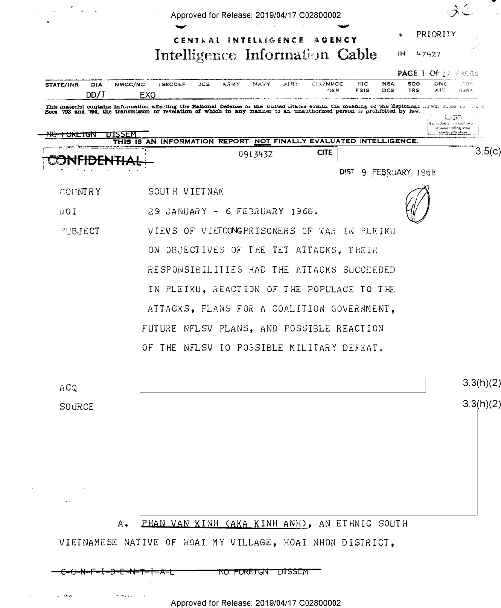 Prisoner Intelligence, Viet Cong Objectives of the Attacks on Pleiku