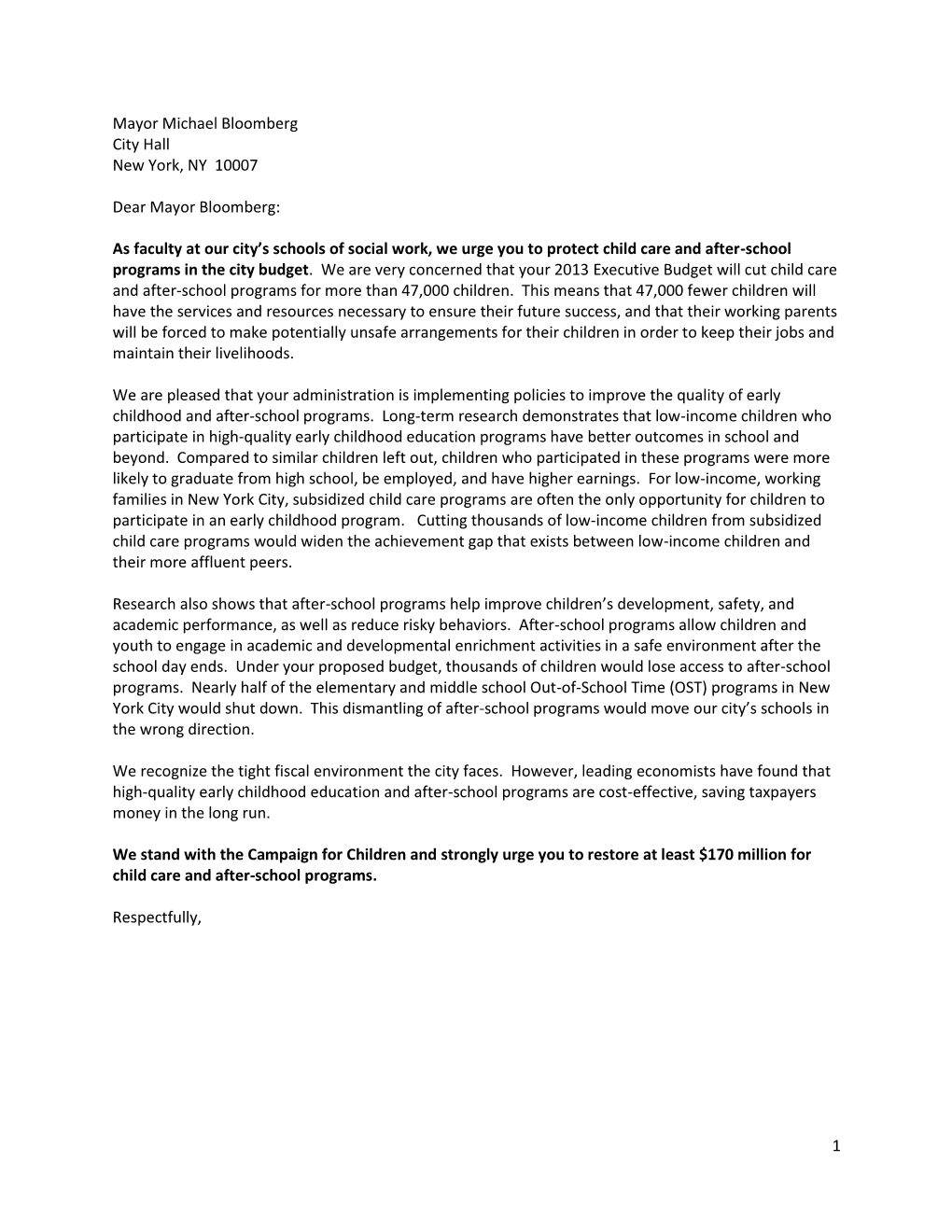 Sign-On Letter from Social Work Faculty to Save Child Care and After-School Programs