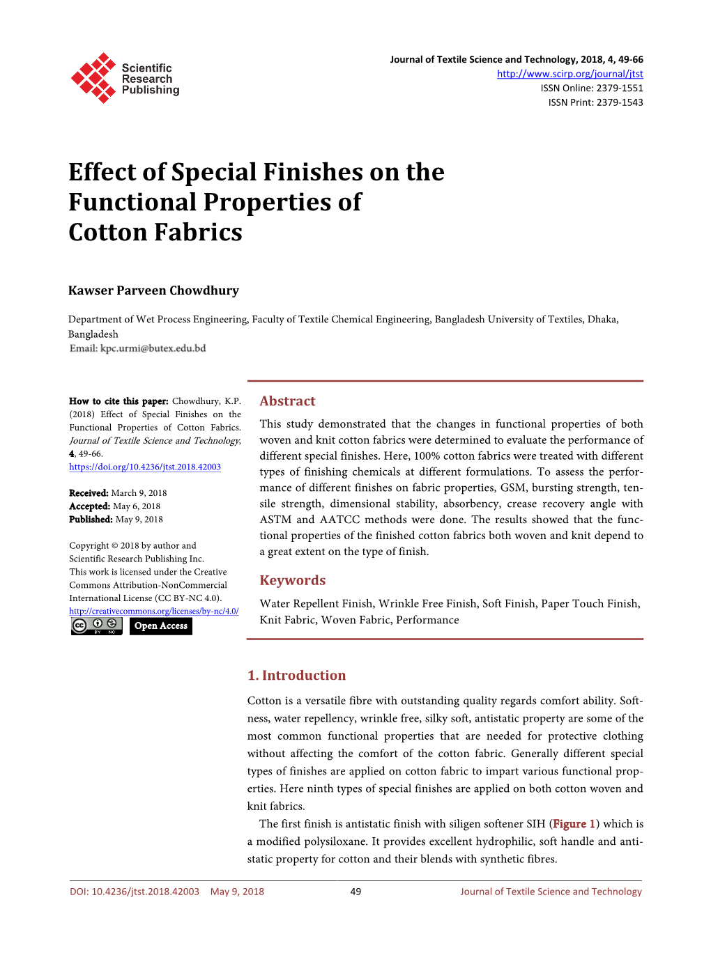 Effect of Special Finishes on the Functional Properties of Cotton Fabrics
