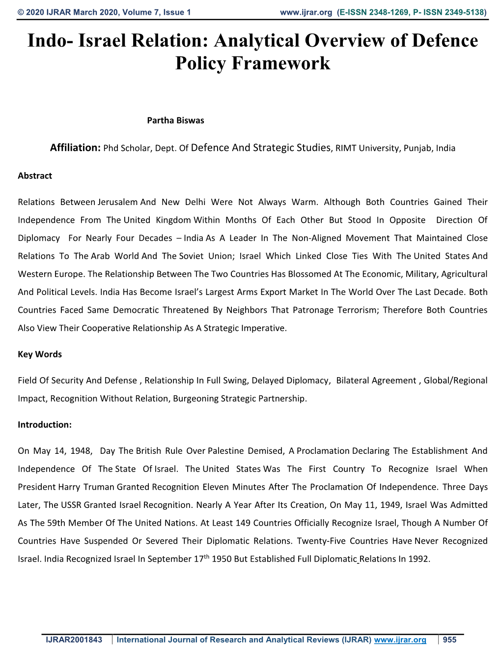 Indo- Israel Relation: Analytical Overview of Defence Policy Framework