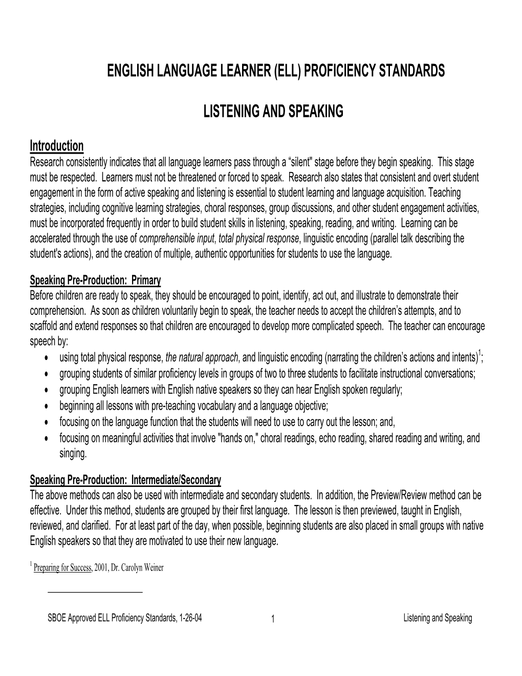 English Language Learner (Ell) Proficiency Standards