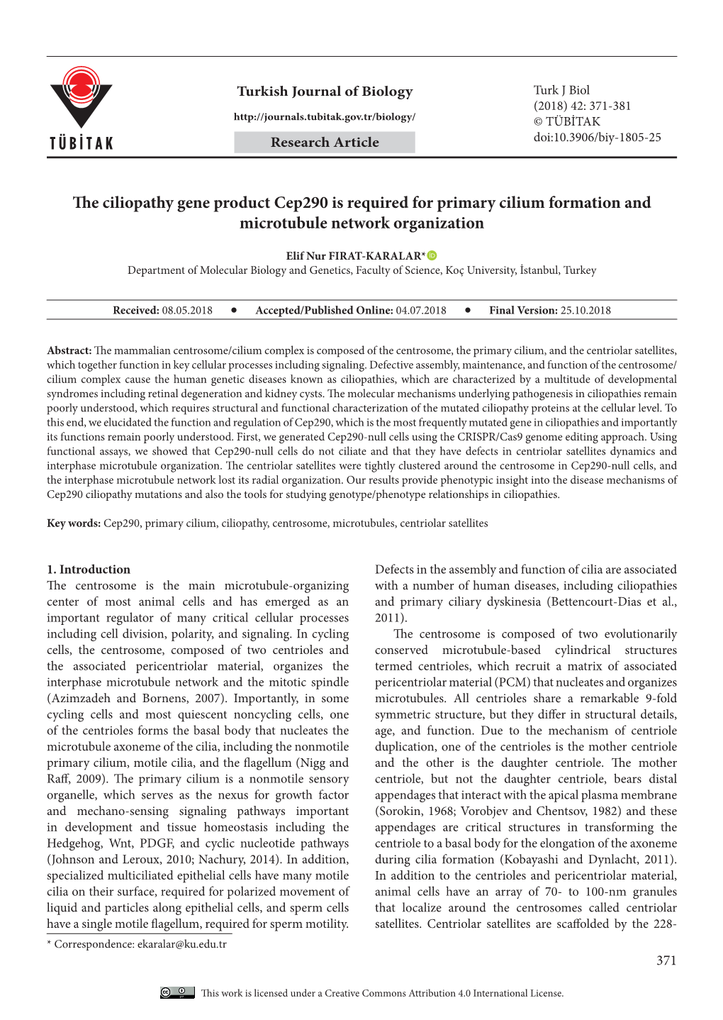 The Ciliopathy Gene Product Cep290 Is Required for Primary Cilium Formation and Microtubule Network Organization