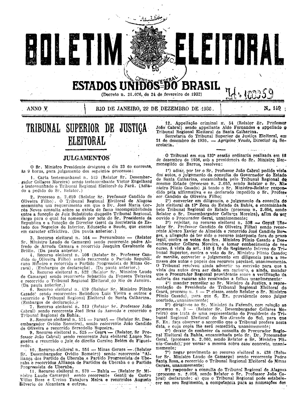 Tribunal Superior De Justiça Eleitoral, Em 21 De Dezembro De 1936