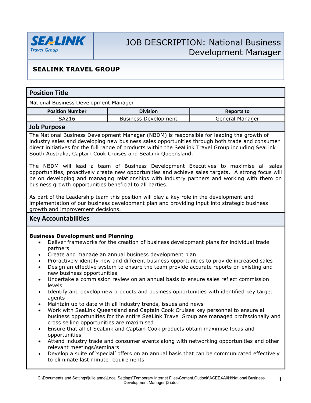 JOB DESCRIPTION: National Business Development Manager