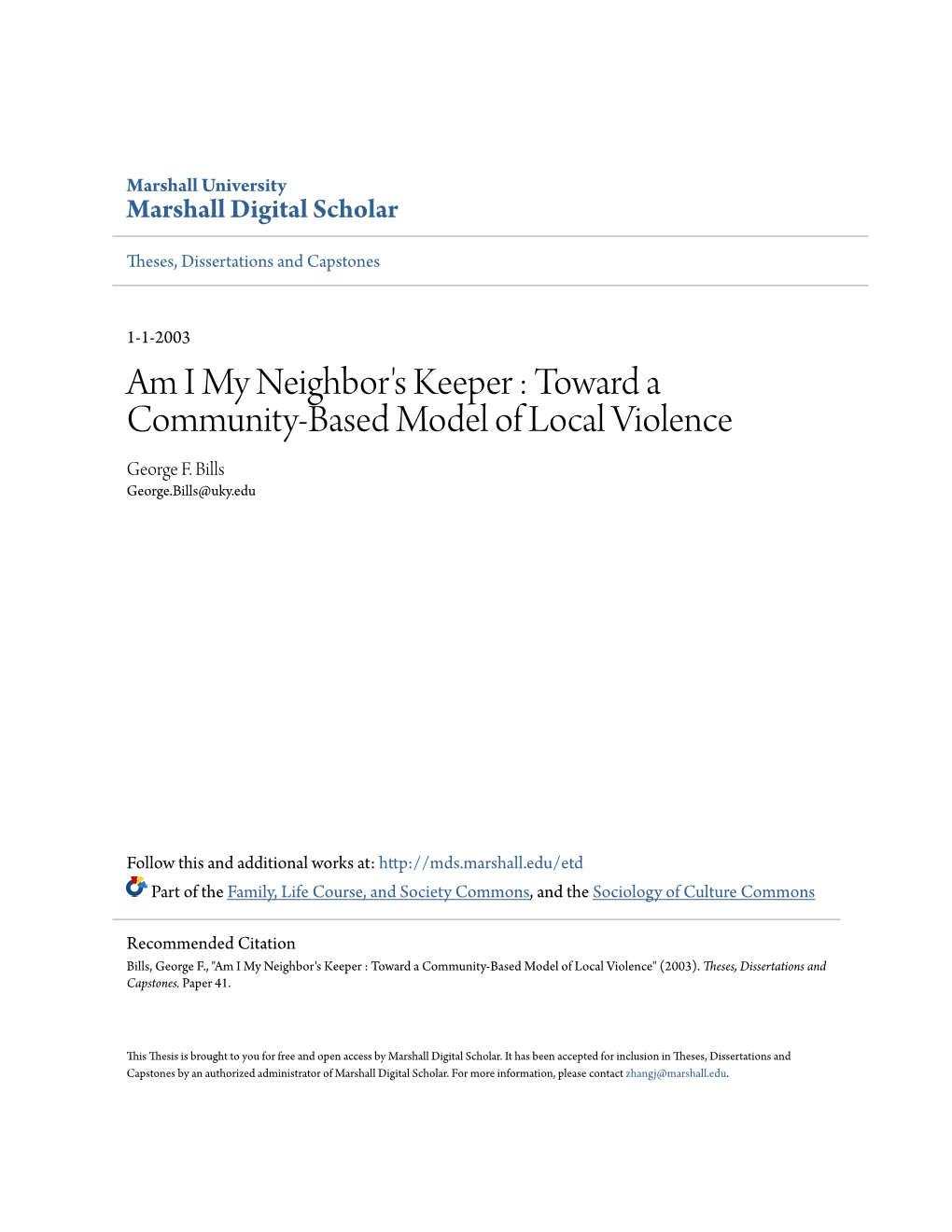 Toward a Community-Based Model of Local Violence George F