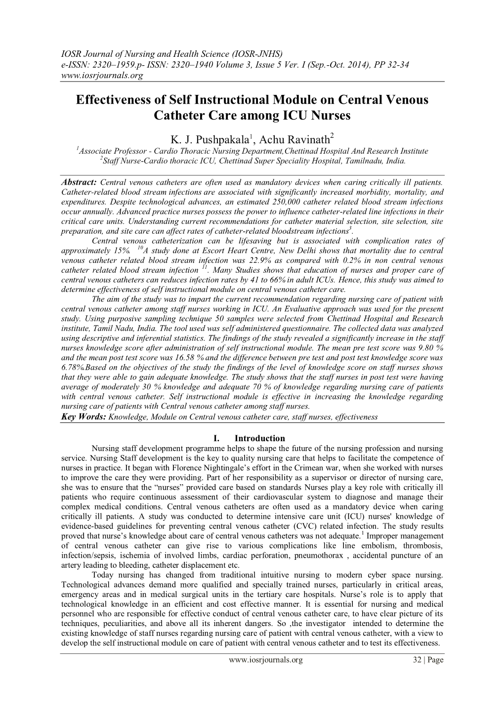 Effectiveness of Self Instructional Module on Central Venous Catheter Care Among ICU Nurses