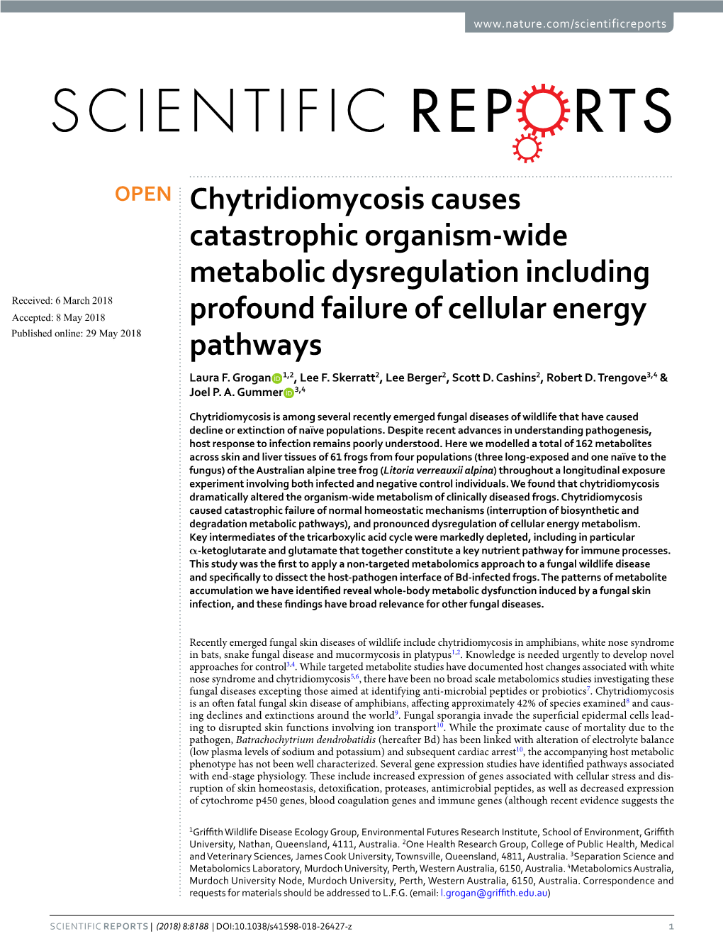 Chytridiomycosis Causes Catastrophic Organism-Wide Metabolic