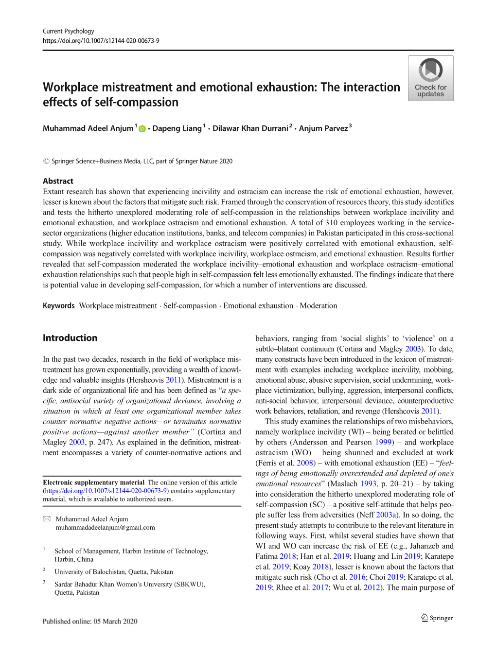 Workplace Mistreatment and Emotional Exhaustion: the Interaction Effects of Self-Compassion