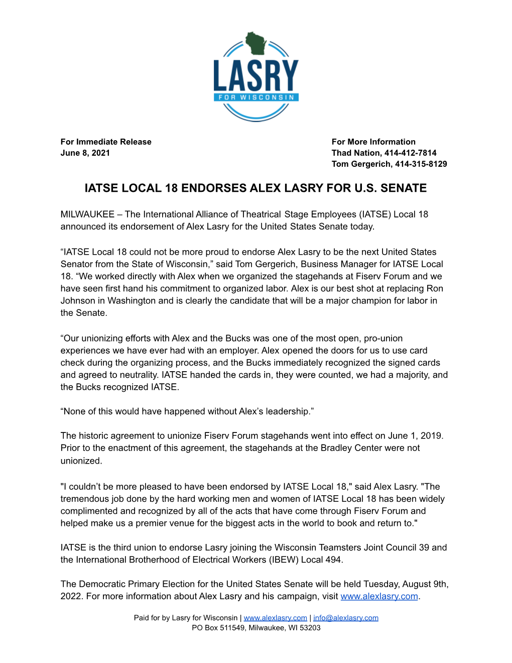 Iatse Local 18 Endorses Alex Lasry for U.S. Senate