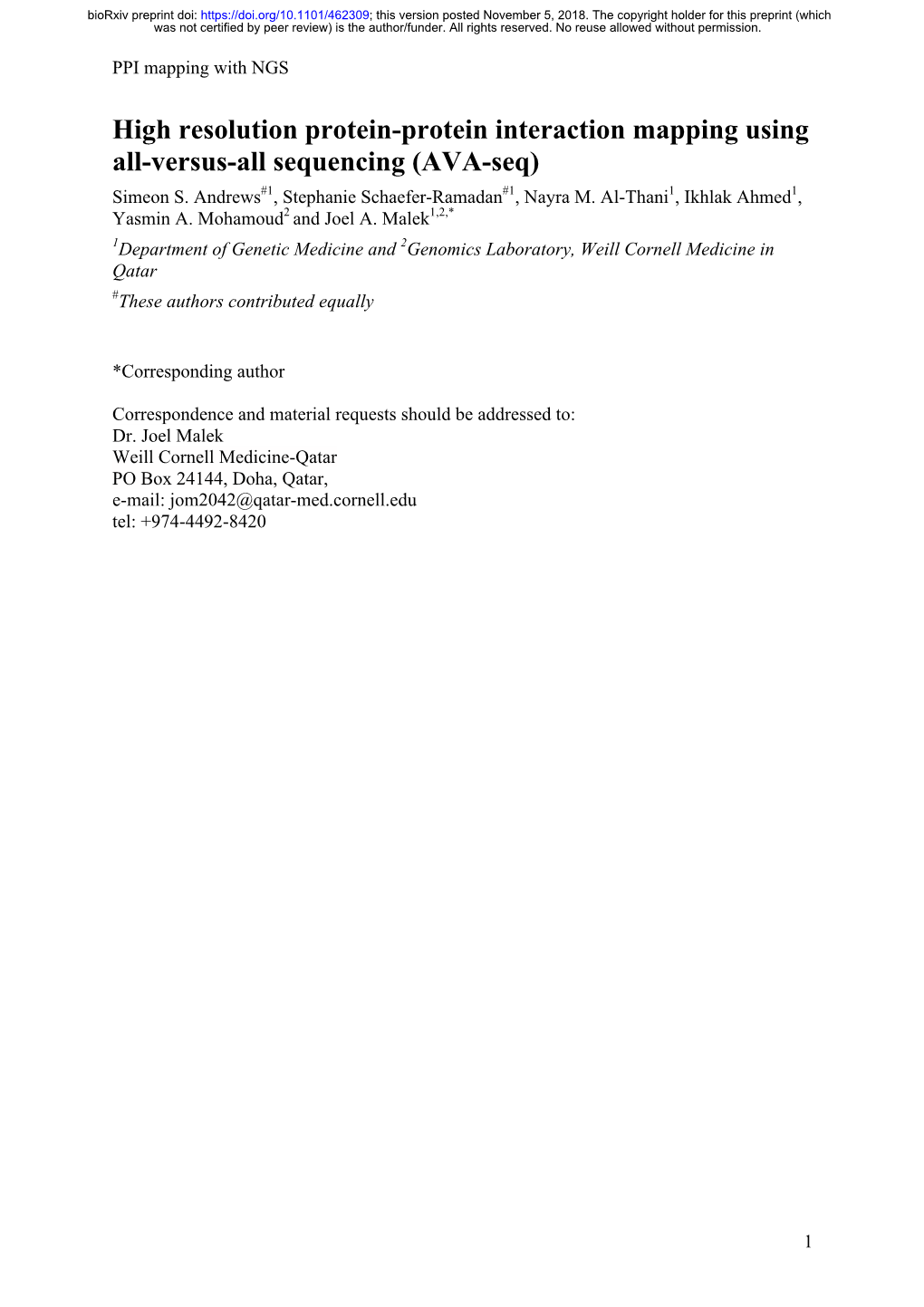 High Resolution Protein-Protein Interaction Mapping Using All-Versus-All Sequencing (AVA-Seq) Simeon S