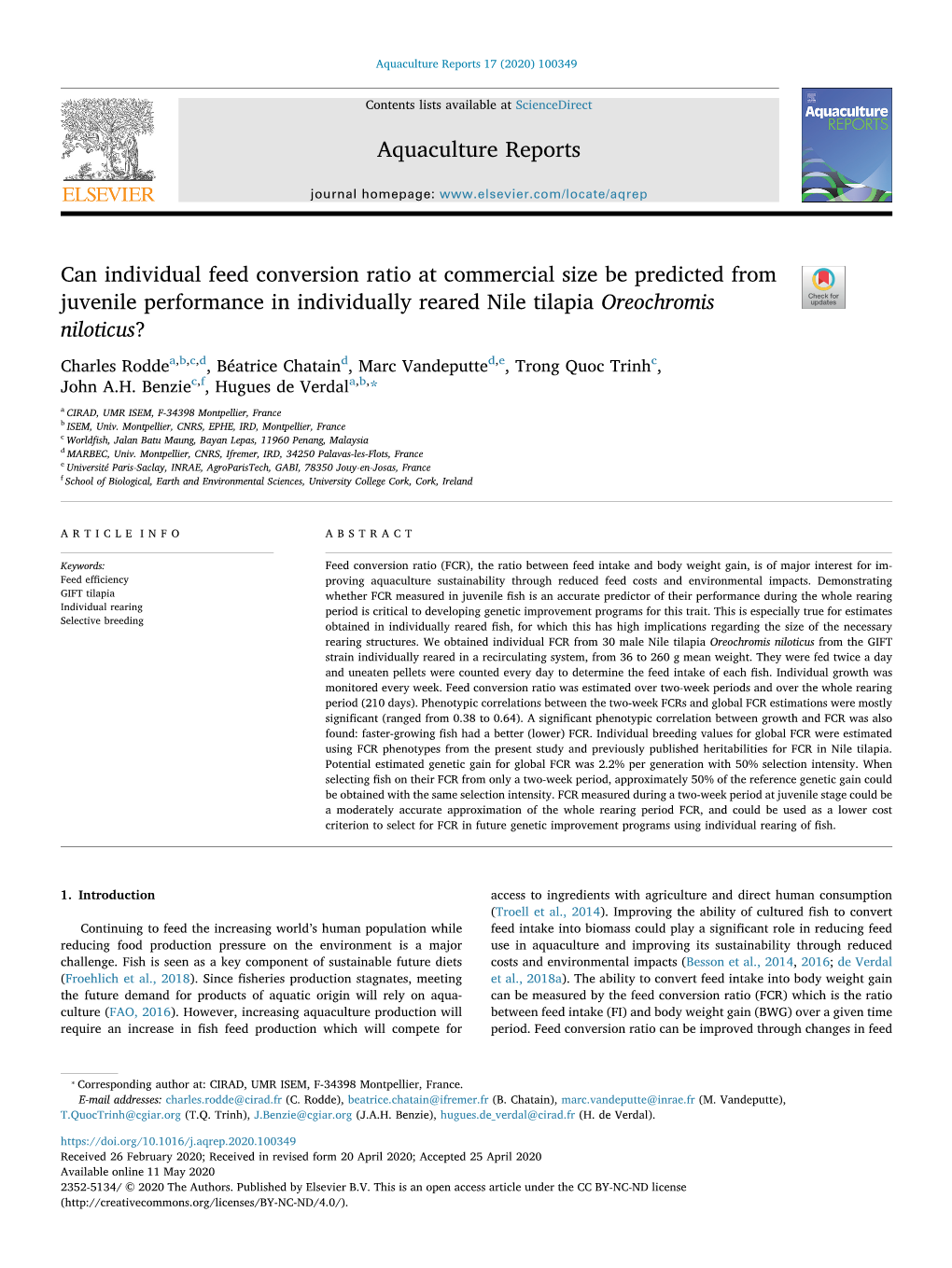 Can Individual Feed Conversion Ratio at Commercial Size Be Predicted from Juvenile Performance in Individually Reared Nile Tilapia Oreochromis T Niloticus?