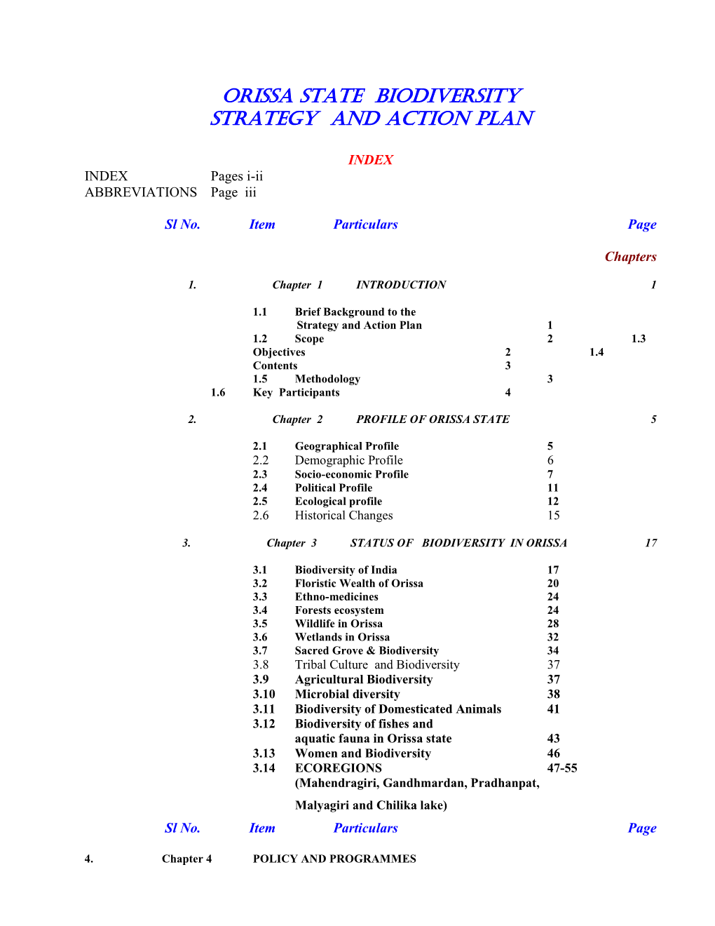 Orissa State Biodiversity Strategy and Action Plan