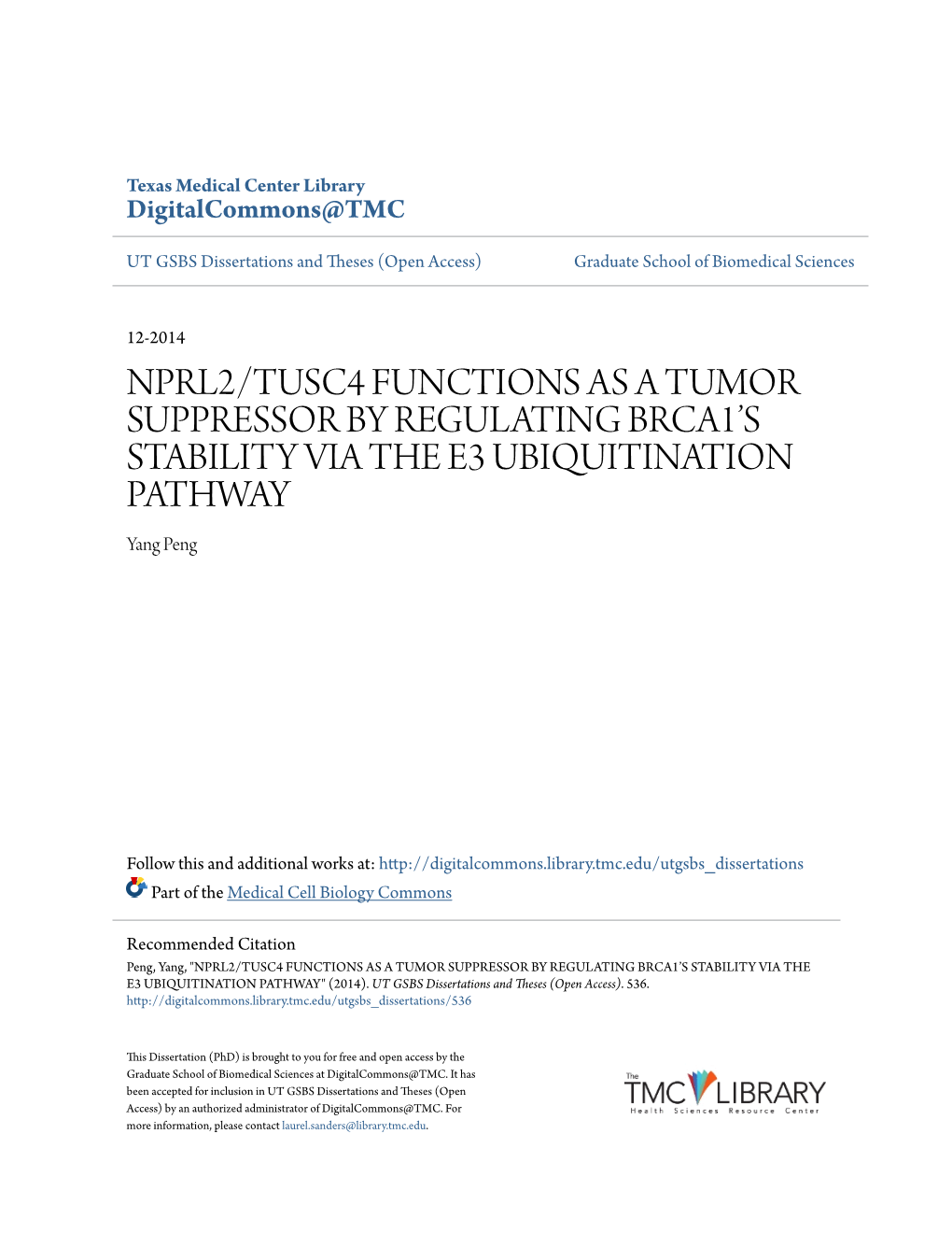 Nprl2/Tusc4 Functions As a Tumor Suppressor by Regulating Brca1's