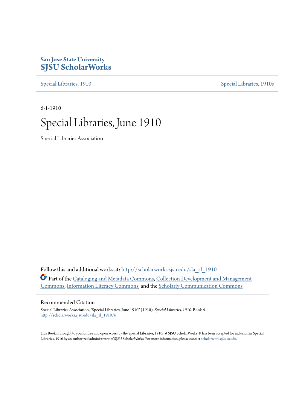 Special Libraries, June 1910 Special Libraries Association