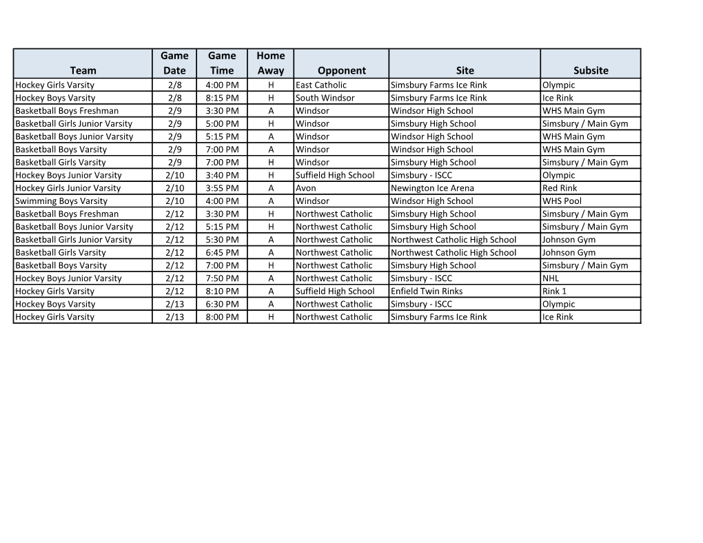 Team Game Date Game Time Home Away Opponent Site Subsite