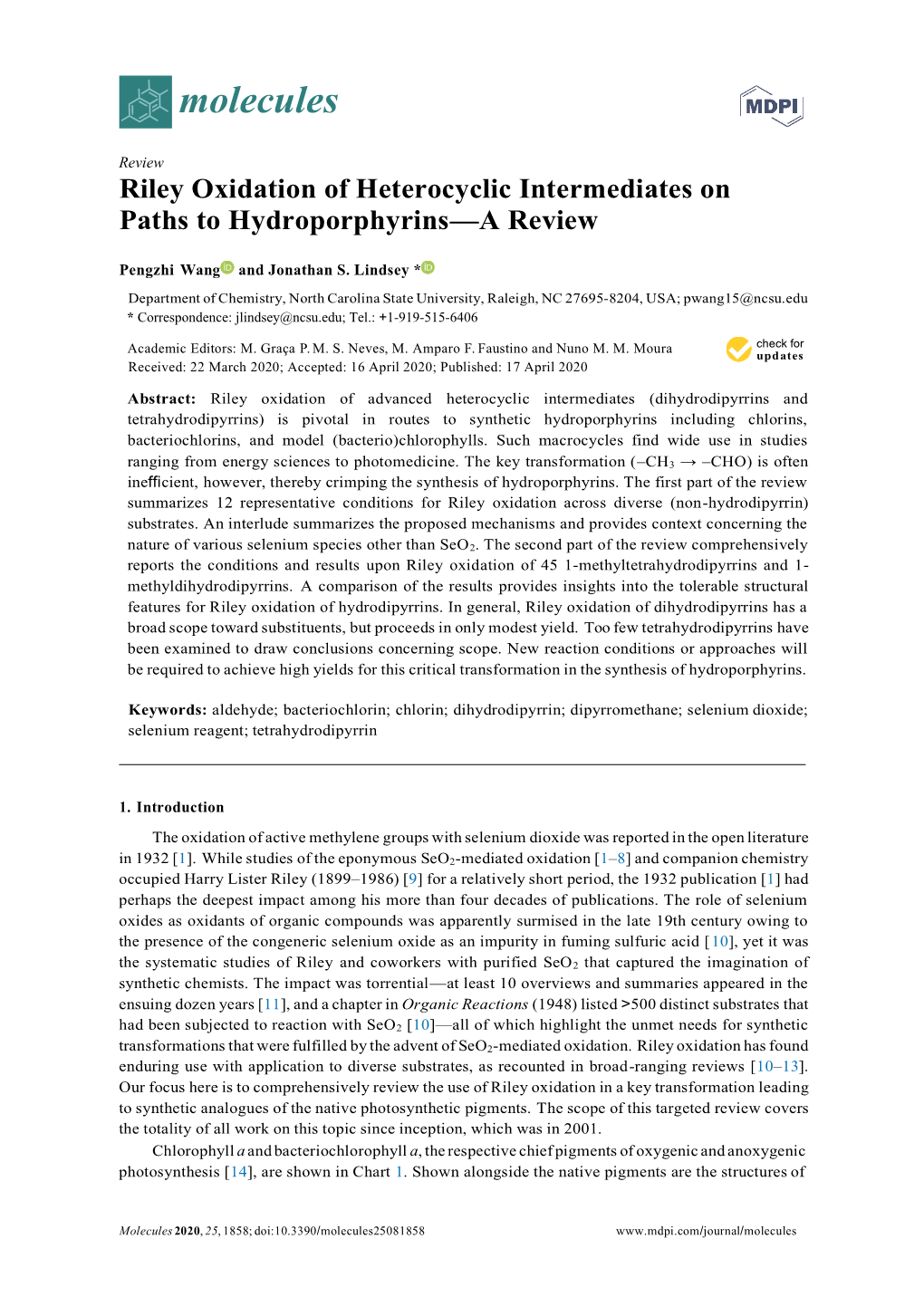 Riley Oxidation of Heterocyclic Intermediates on Paths to Hydroporphyrins—A Review