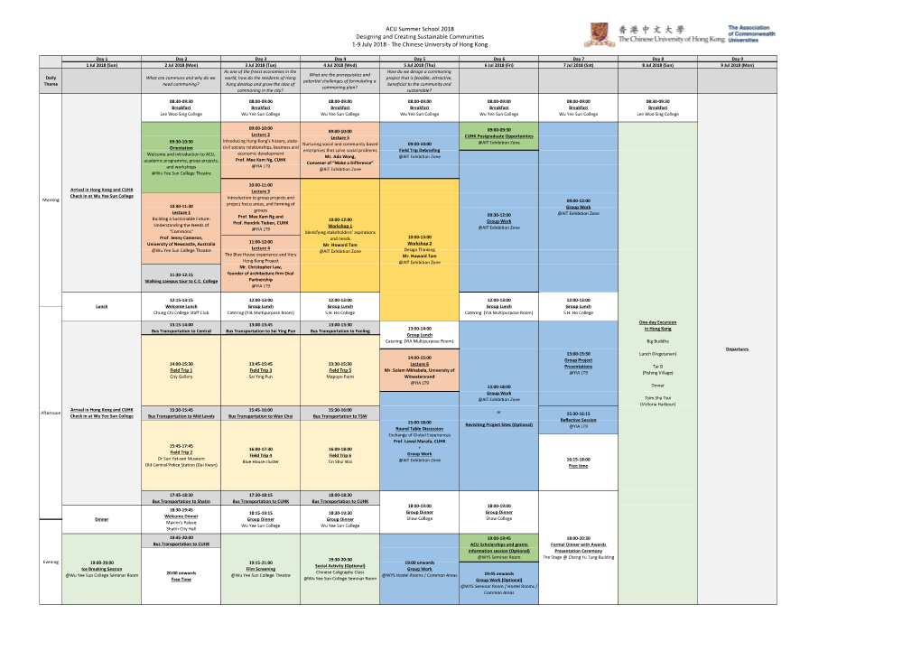 ACU Summer School 2018 Designing and Creating Sustainable Communities 1-9 July 2018 - the Chinese University of Hong Kong