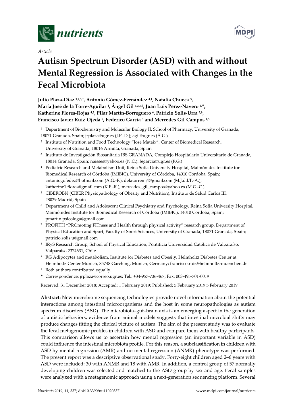 Autism Spectrum Disorder (ASD) with and Without Mental Regression Is Associated with Changes in the Fecal Microbiota