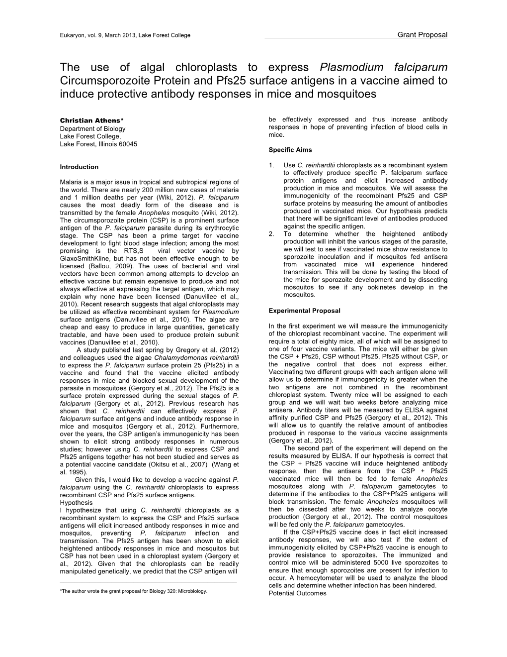 The Use of Algal Chloroplasts to Express Plasmodium Falciparum