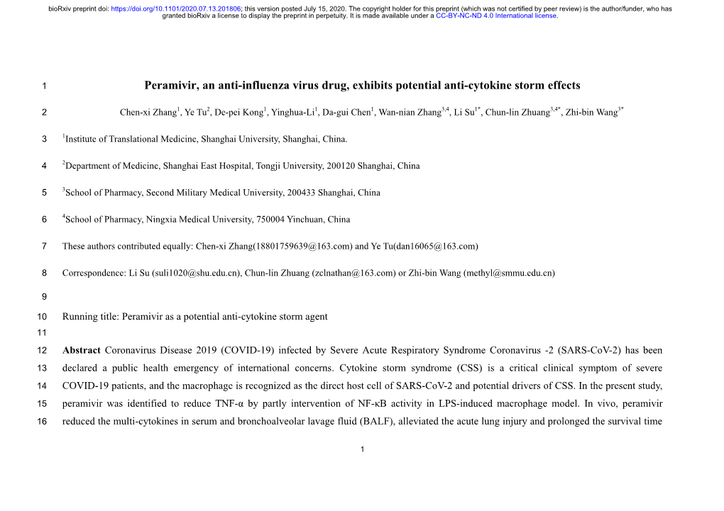 Peramivir, an Anti-Influenza Virus Drug, Exhibits Potential Anti-Cytokine Storm Effects