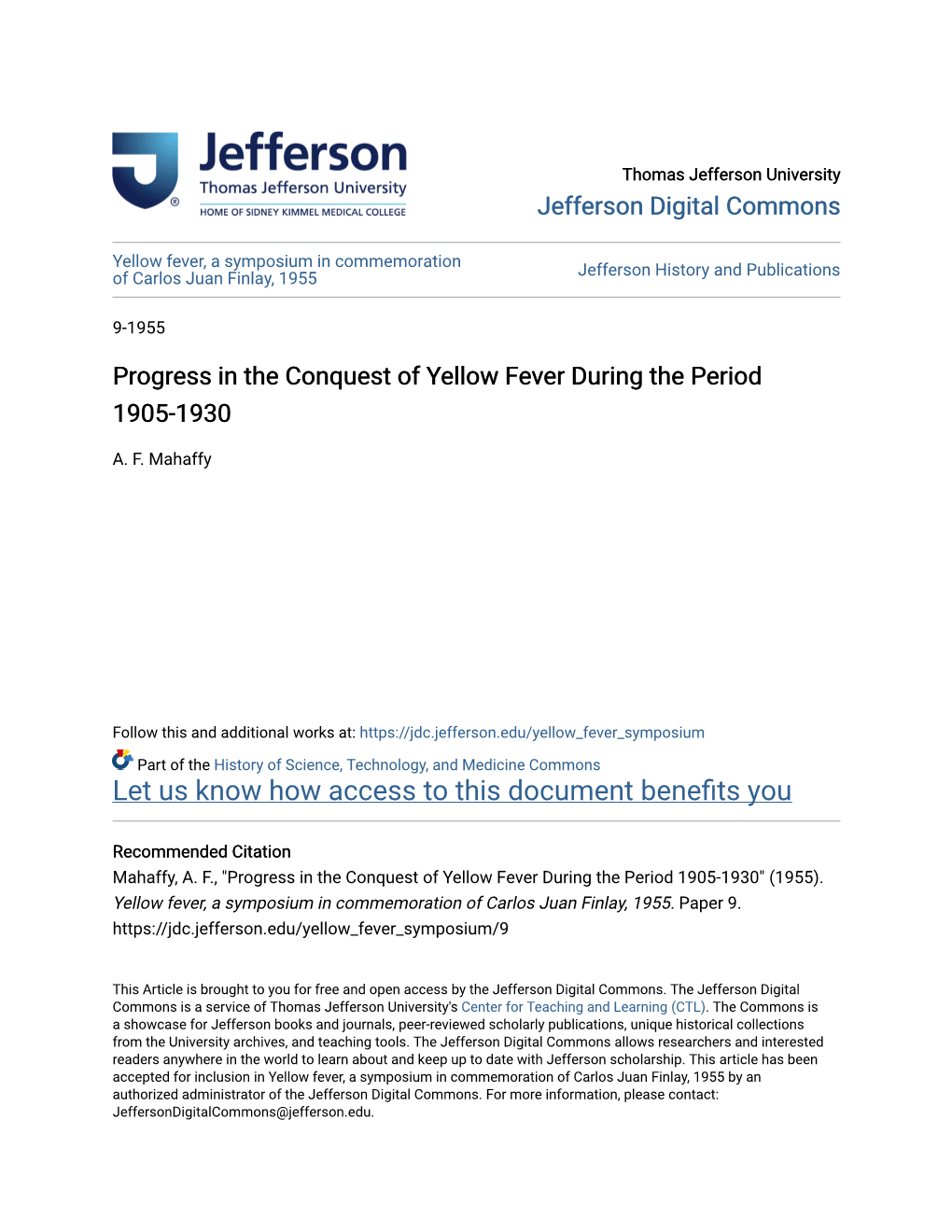 Progress in the Conquest of Yellow Fever During the Period 1905-1930