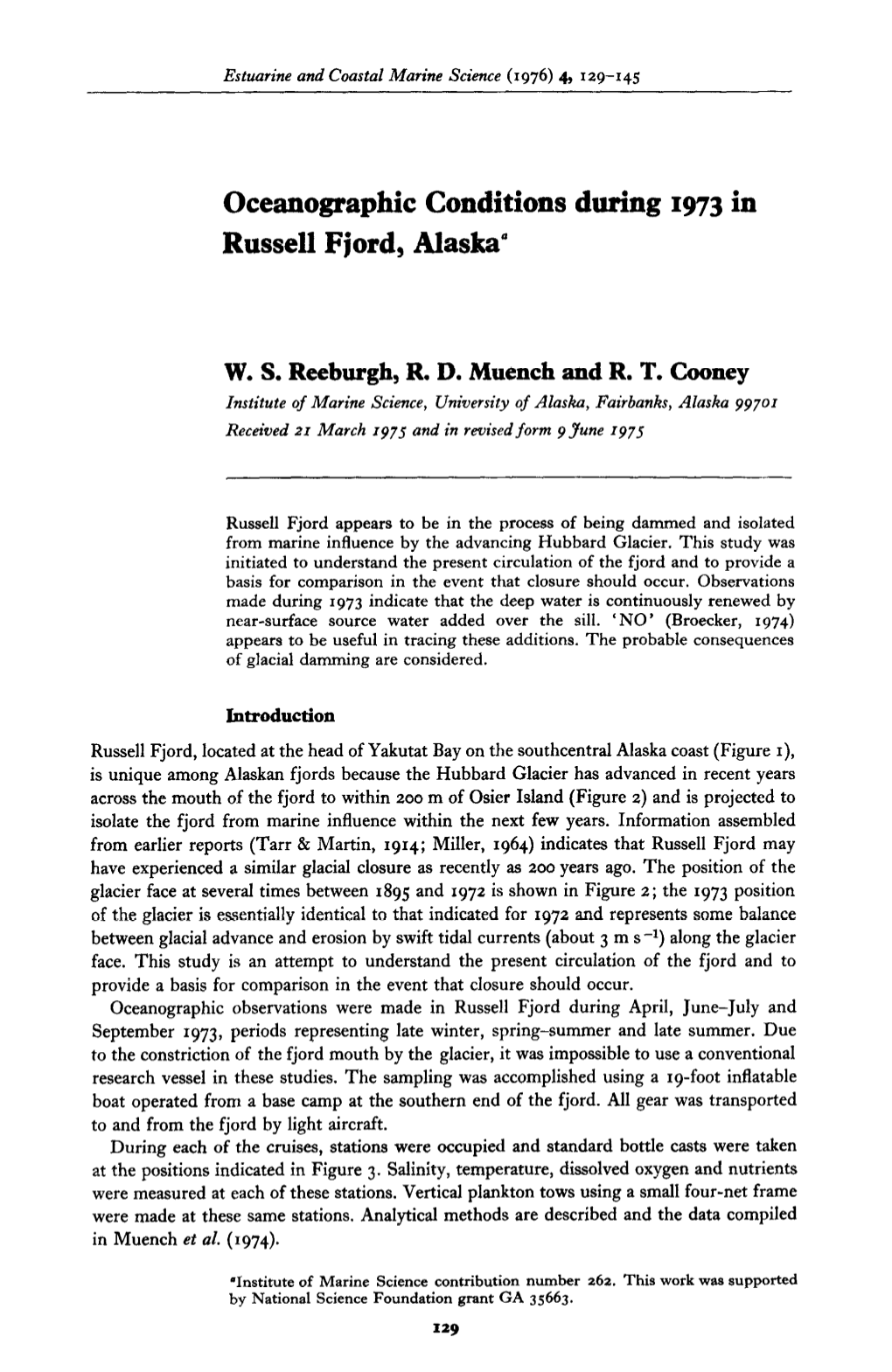 Oceanographic Conditions During 1973 in Russell Fjord, Alaska”