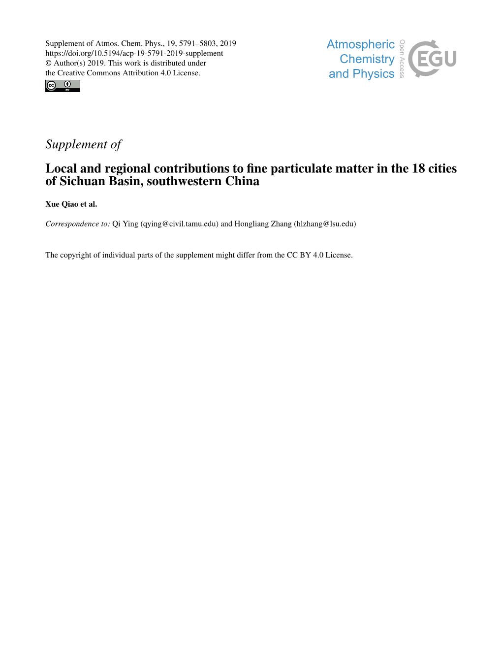 Supplement of Local and Regional Contributions to Fine Particulate