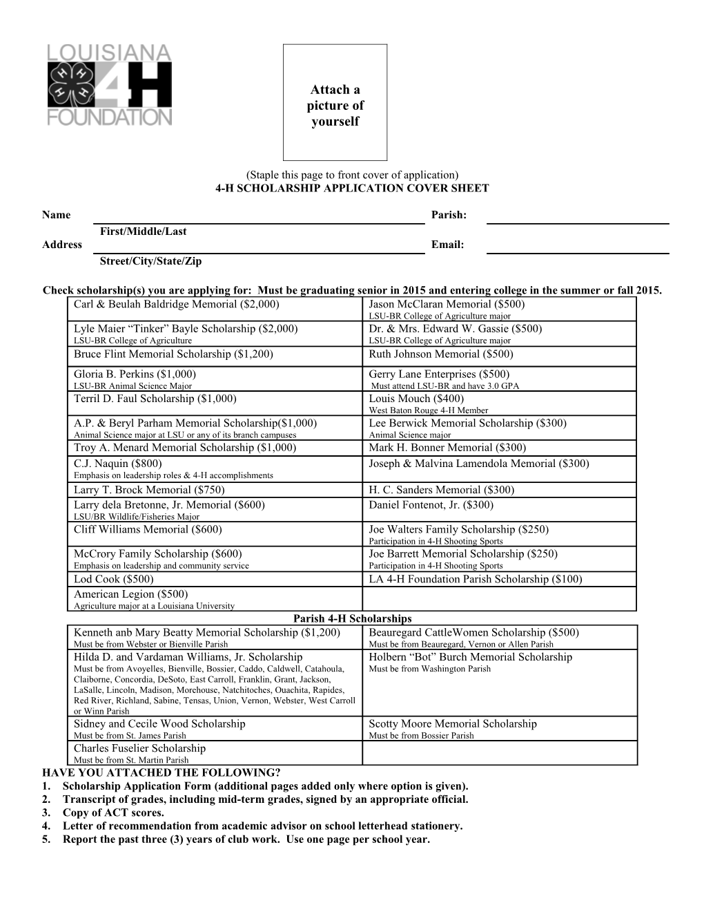 4-H Scholarship Application Cover Sheet