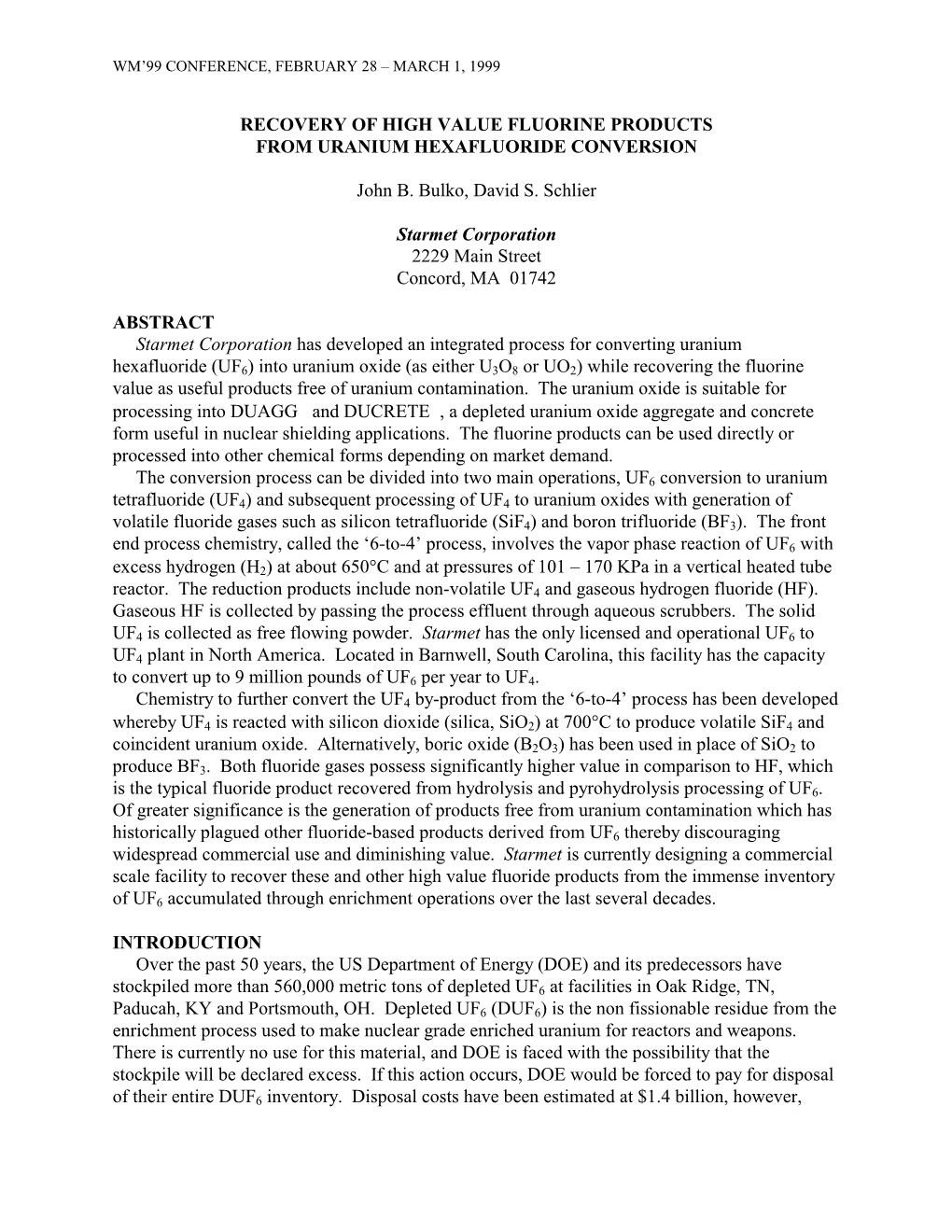 Recovery of High Value Fluorine Products from Uranium Hexafluoride Conversion