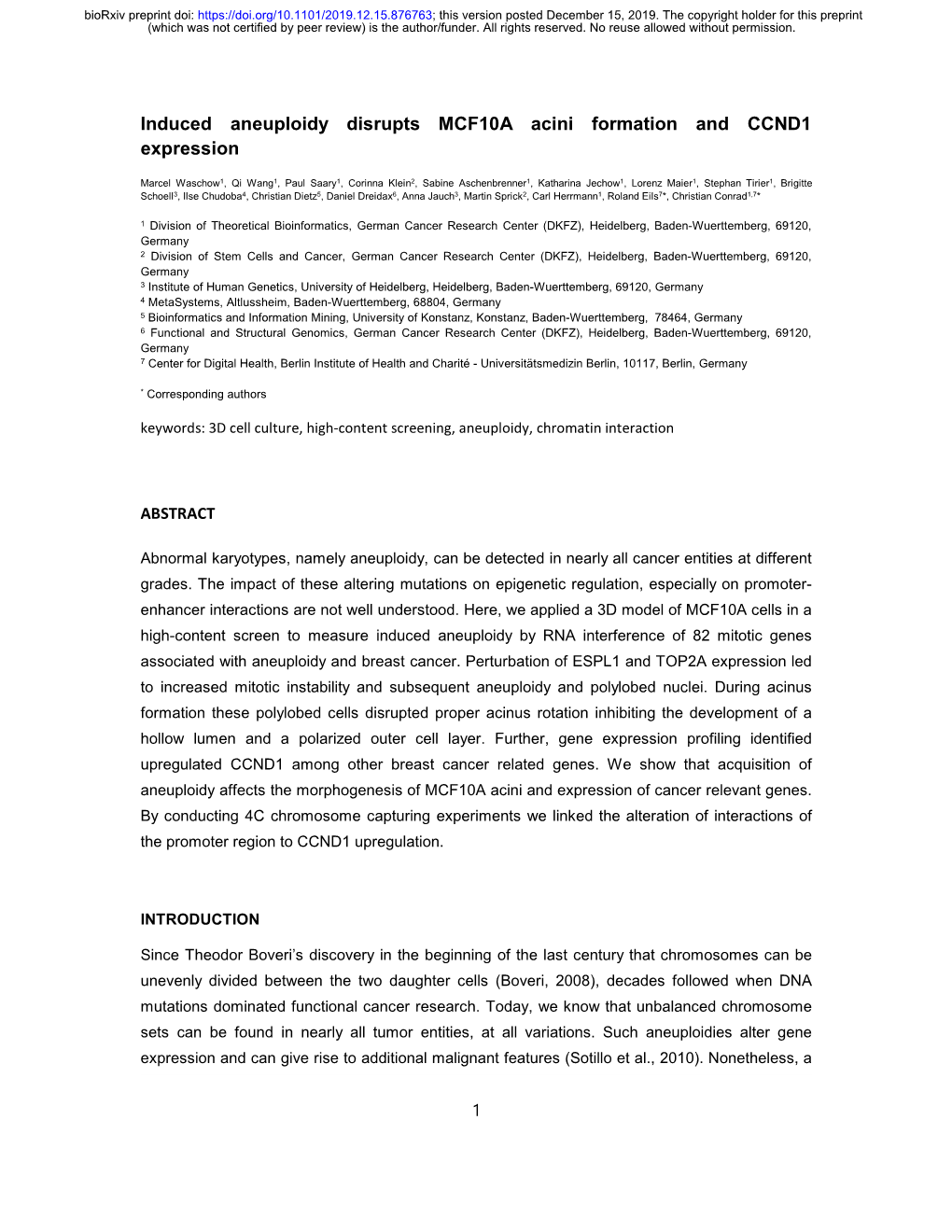 Induced Aneuploidy Disrupts MCF10A Acini Formation and CCND1 Expression