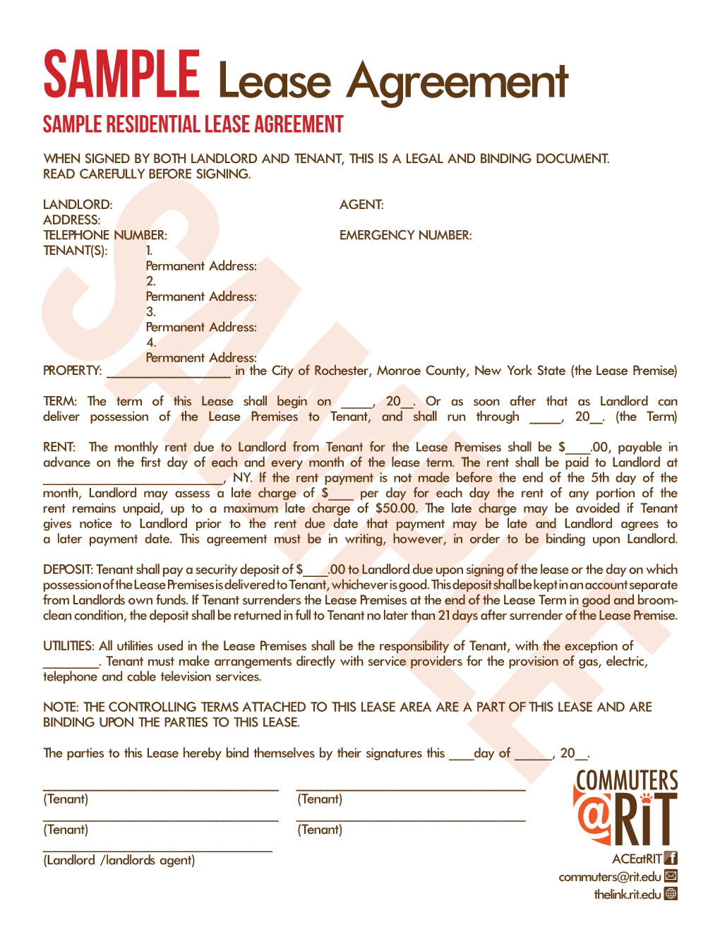 SAMPLE Lease Agreement SAMPLE RESIDENTIAL LEASE AGREEMENT WHEN SIGNED by BOTH LANDLORD and TENANT, THIS IS a LEGAL and BINDING DOCUMENT