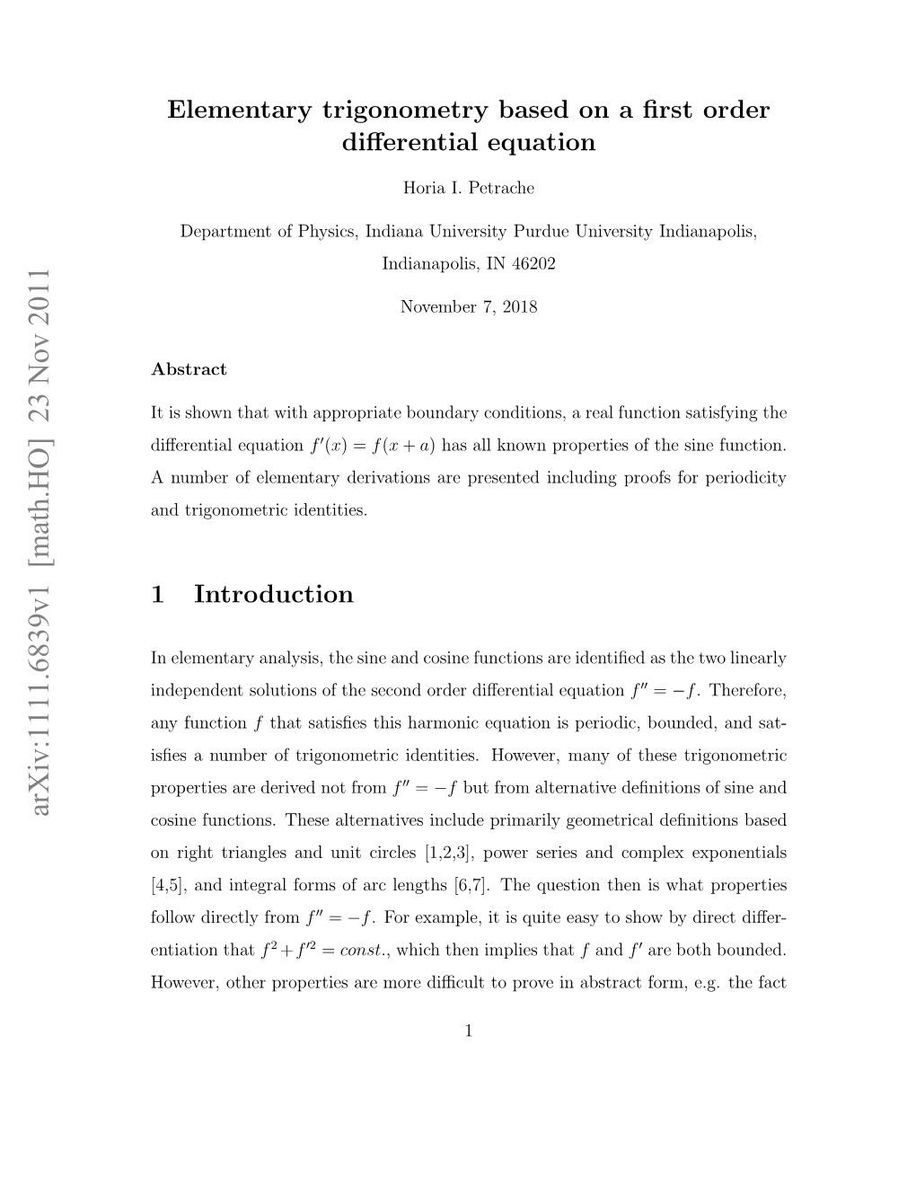 Elementary Trigonometry Based on a First Order Differential Equation