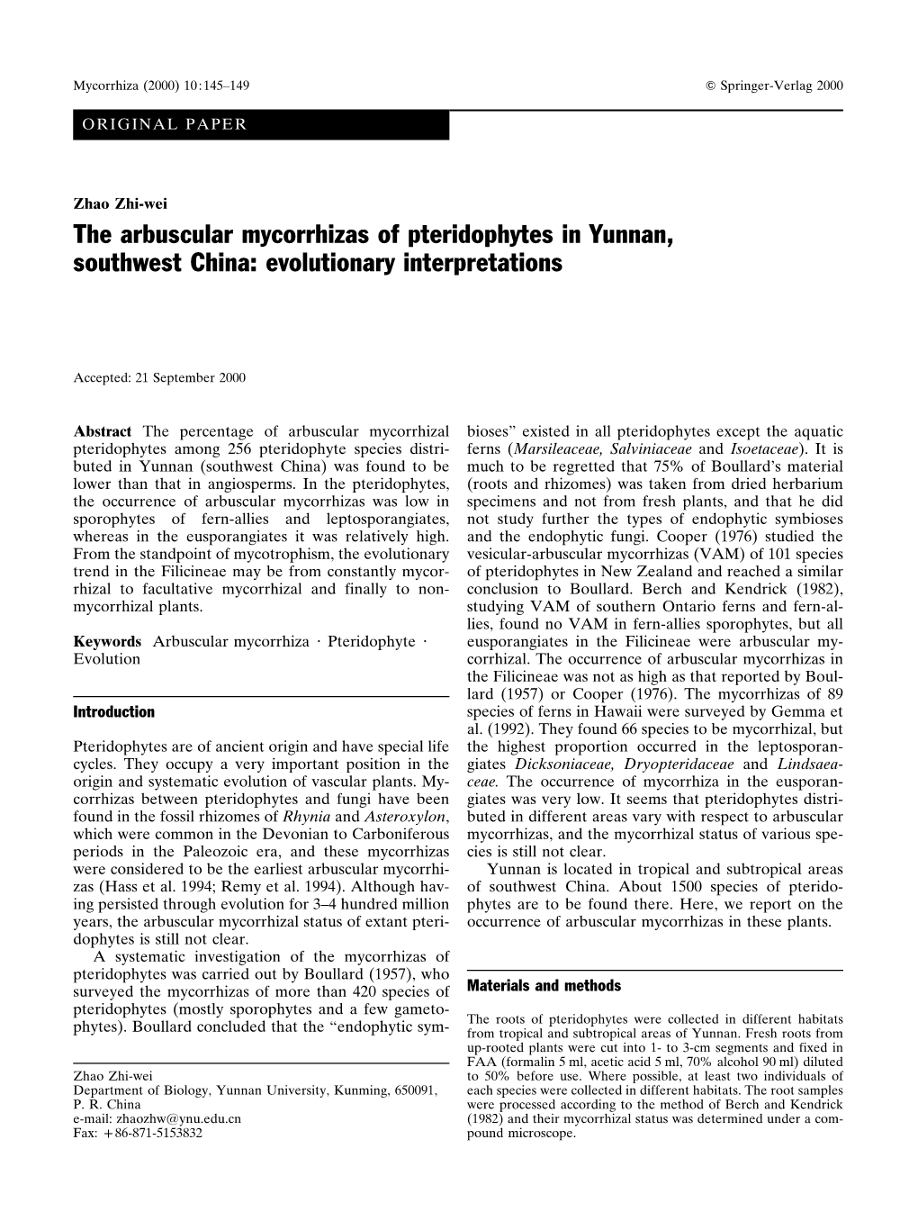 The Arbuscular Mycorrhizas of Pteridophytes in Yunnan, Southwest China: Evolutionary Interpretations