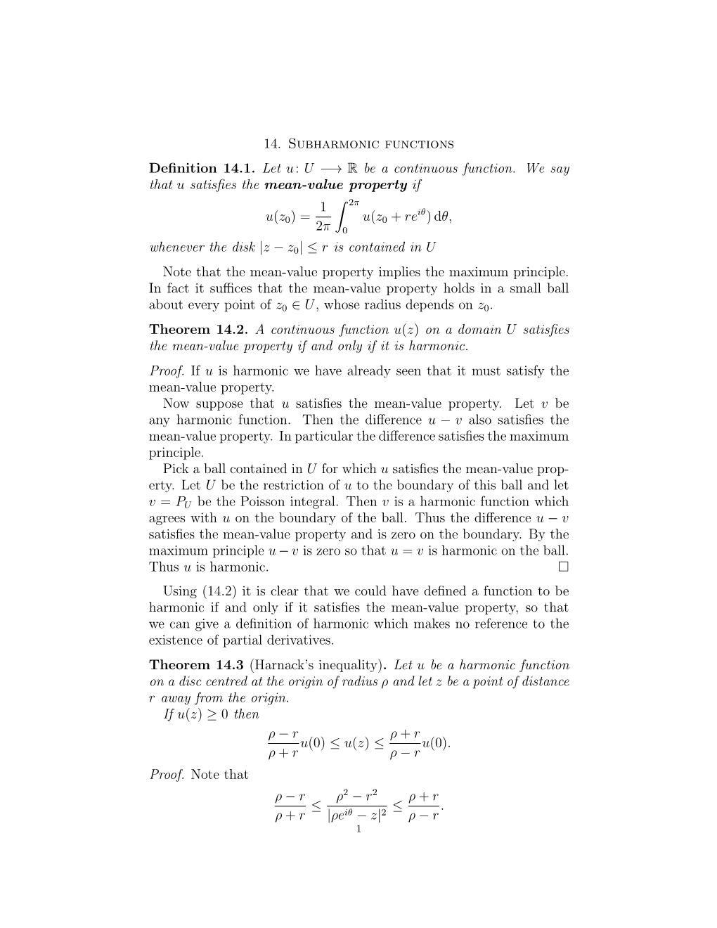 14. Subharmonic Functions Definition 14.1. Let U